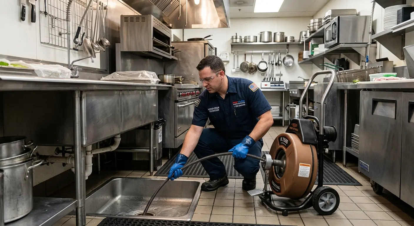 Commercial drain cleaning service in a restaurant kitchen in Trophy Club