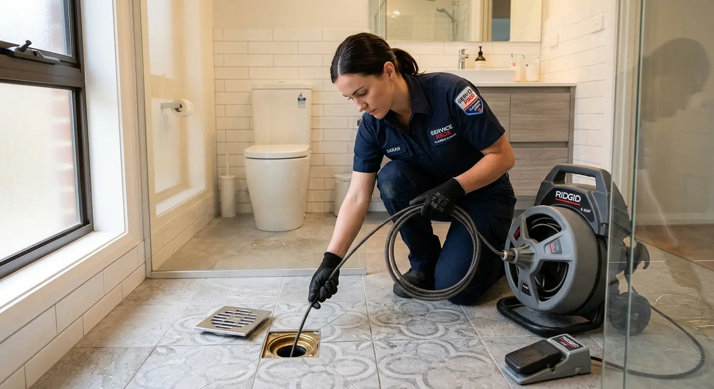 Technician clearing a bathroom floor drain for Sewer Line Replacement in Trophy Club